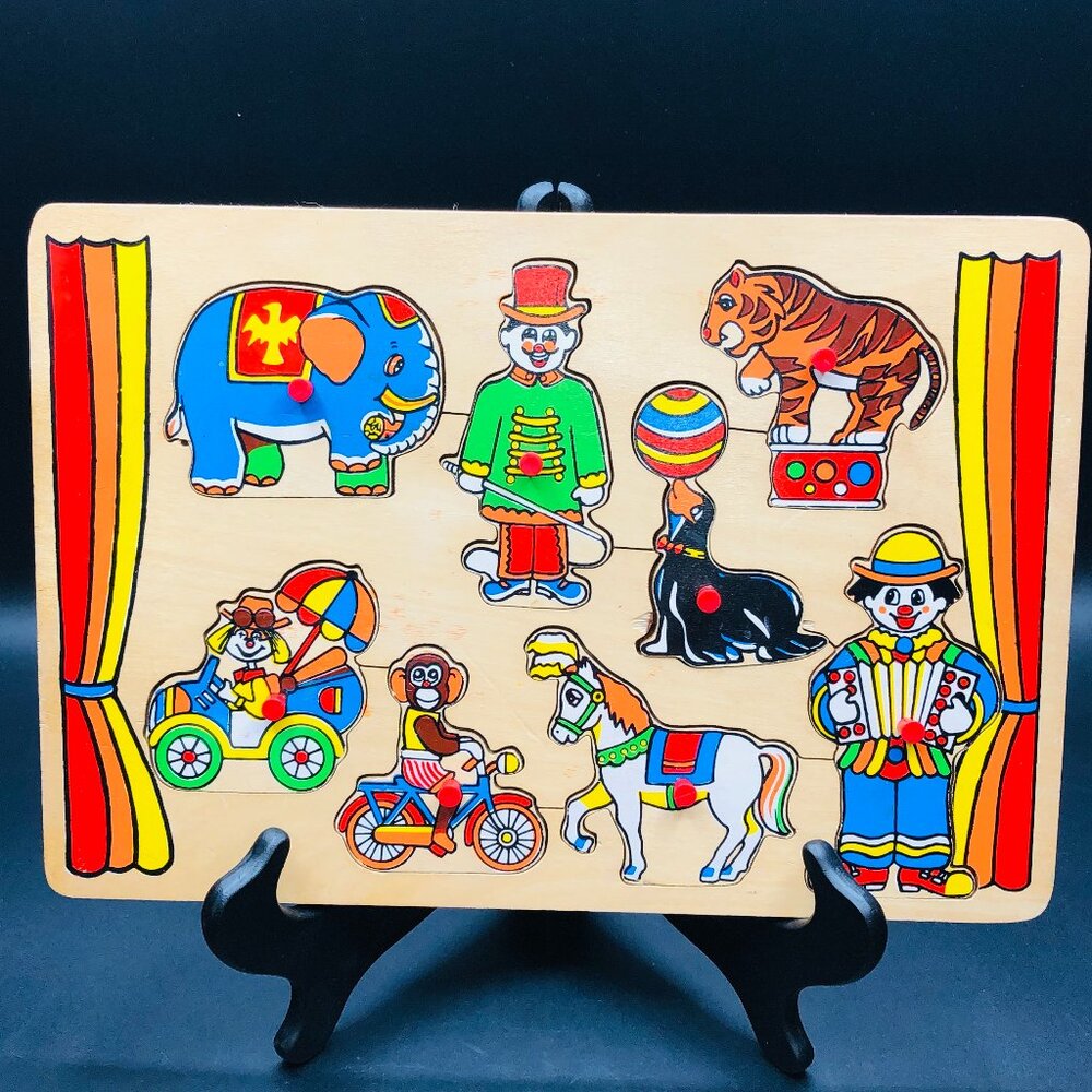 80s Circus Clown Show Wooden Puzzle COMPLETE Vintage Animal Silhouette Shape